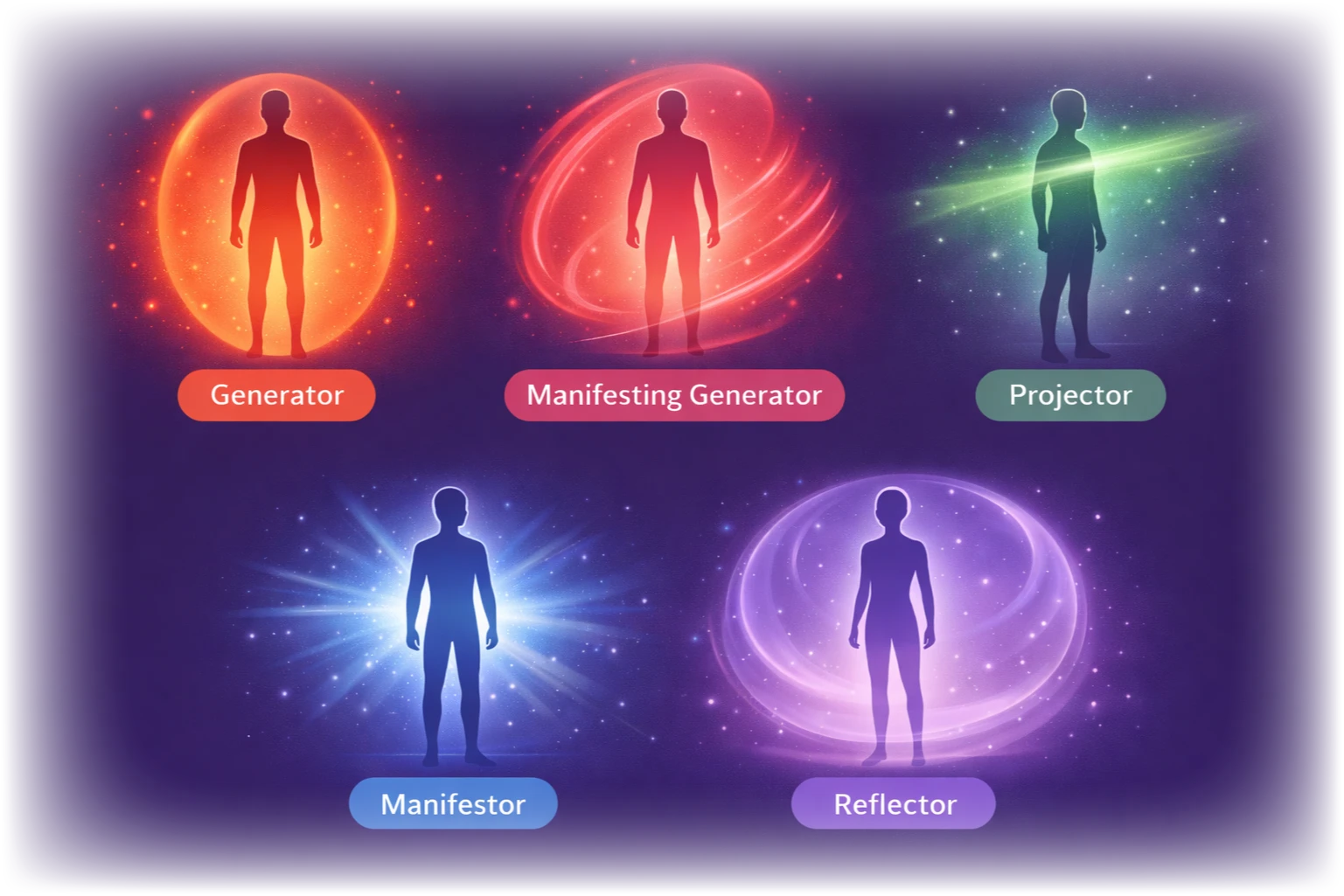 The 5 Human Design Types - Generator, Manifesting Generator, Projector, Manifestor, and Reflector with their unique aura signatures